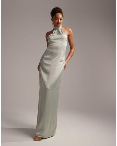 ASOS Bridesmaids Lace Detail Halter Column Maxi Dress - Gray