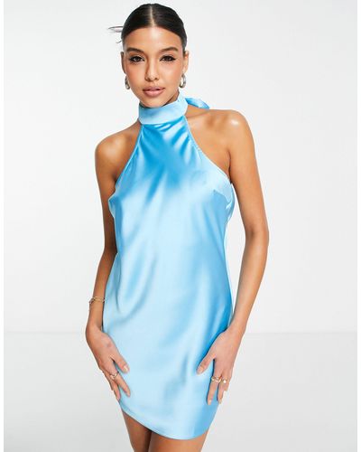 Miss Selfridge Uitgaans Mini-jurk Van Satijn Met Halternek - Blauw