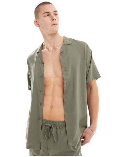 South Beach Short Sleeve Linen Blend Beach Shirt - Green