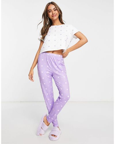 Loungeable Pyjamaset Met legging En Kleine Hartjes - Paars