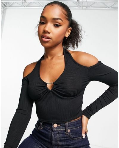 New Look Long Sleeve Cut Out Hatlerneck Top - Black