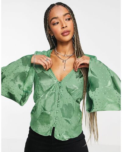 TOPSHOP Jacquard Button-front Flute Sleeve Blouse - Green