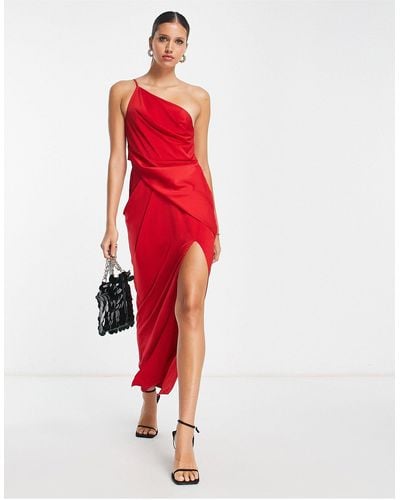 ASOS Satin One Shoulder Strappy Midi Dress With Slit - Red