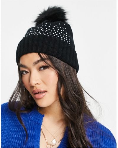 ASOS Beanie With Diamante Detailing And Faux Fur Pom - Blue