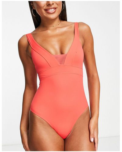 Accessorize Plunge Front With Mesh Insert Swimsuit - Red