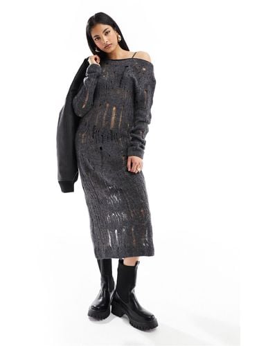 Pimkie Vestido midi gris carbón estilo jersey con escote bardot y diseño efecto rasgado - Negro