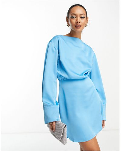 Pretty Lavish Long Sleeve Satin Mini Dress - Blue
