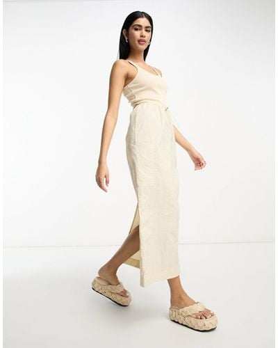 ASOS 2 In 1 Ribbed Scoop Neck Tank Top With Cargo Midi Dress With Skirt In Camel - Natural