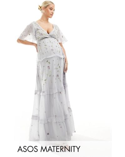 ASOS Maternity Bridesmaid Flutter Sleeve Embellished Wrap Maxi Dress With Embroidery - White