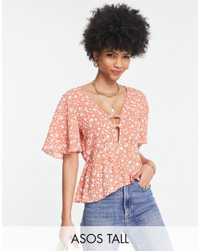 ASOS Tall Tea Blouse With Peplum Hem And Angel Sleeve With Twist Front Detail - Multicolor