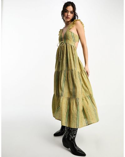 Reclaimed (vintage) Vestito midi stile country verde a righe marroni - Multicolore
