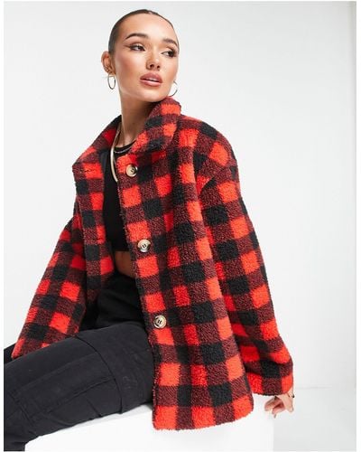 Unreal Fur Seashell Button Down Teddy Jacket - Red