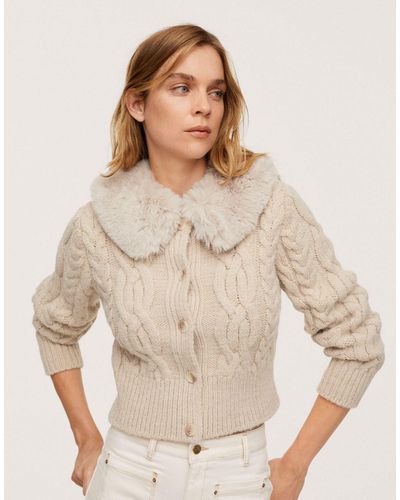 Mango Knitted Cable Knit Cardigan With Fur Collar - Brown