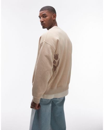 TOPMAN Oversized Fit Sweatshirt With Embroidery Floral Front And Back - Natural