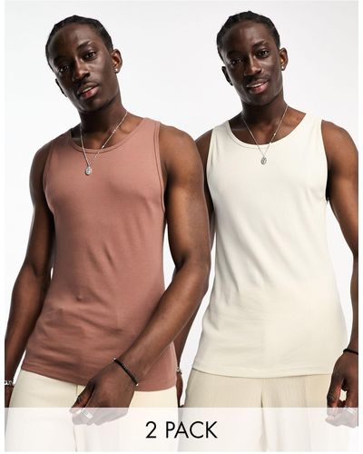 ASOS 2-pack Muscle Fit Rib Tank Tops With Crew Neck - Brown