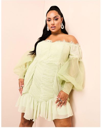 ASOS Curve Bardot Lace Ruched Sheer Puff Sleeve Mini Dress - Green