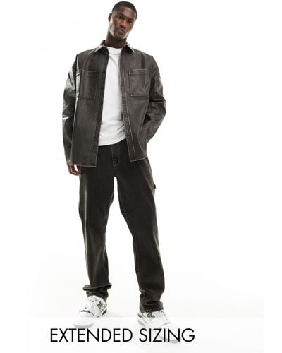 ASOS 90s Oversized Faux Leather Shirt With Split Hem - Grey