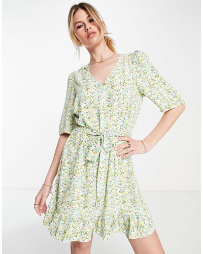 Vero Moda Puff Sleeve Tie Waist Mini Tea Dress - Multicolour