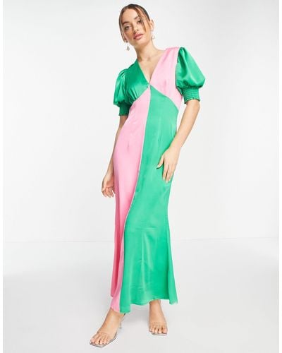 Never Fully Dressed Vestito lungo color block con maniche a sbuffo e dettagli a contrasto - Verde