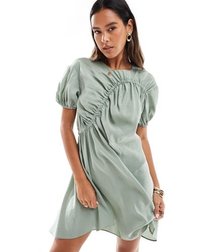 ASOS Cupro Puff Sleeve Mini Smock Dress With Ruching Detail - Green