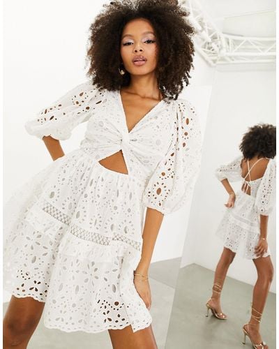 ASOS Broderie Twist Front Mini Dress With Puff Sleeve - White
