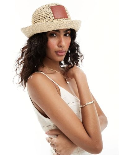 ASOS Straw Crochet Bucket Hat With Faux Leather Patch - Brown
