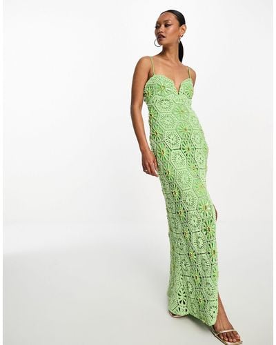 ASOS Pearl Embellished Sweetheart Neck Crochet Maxi Dress With Split - Green