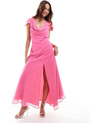 ASOS Chiffon Cowl Neck Midi Dress With Puff Sleeves And Asymmetric Hem - Pink