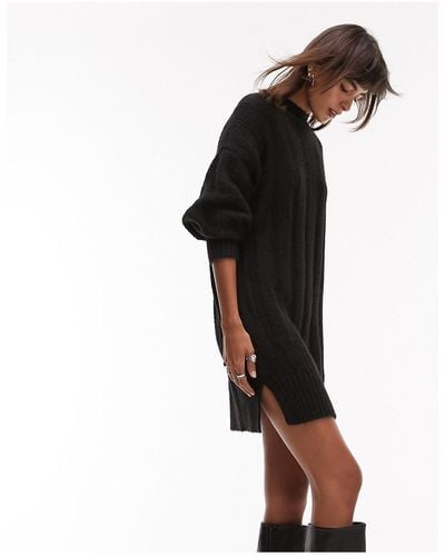TOPSHOP Knitted Funnel Neck Wide Rib Mini Dress - Black