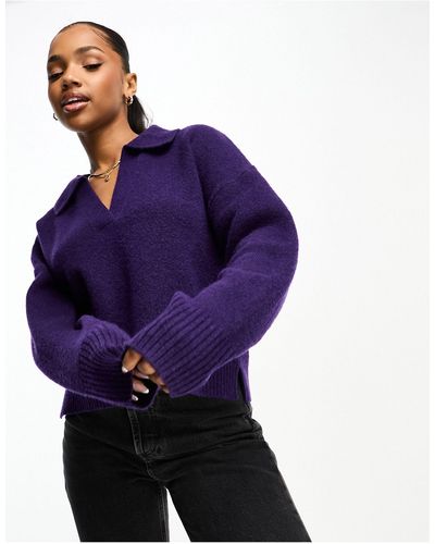 Monki Knitted V-neck Polo Collar Sweater - Purple
