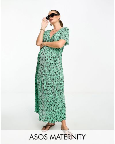 ASOS Asos Design Maternity Tiered Wrap Front Midi Plisse Dress - Green