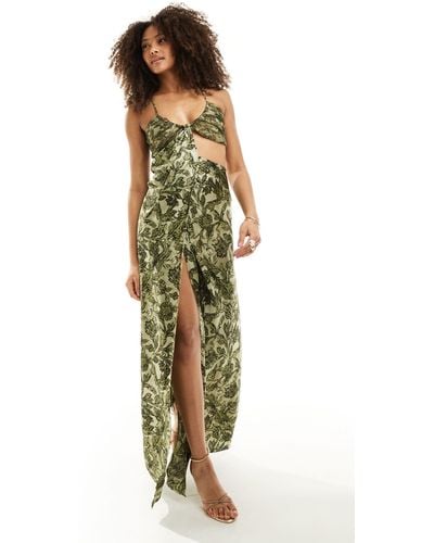 ASOS Satin Chiffon Mix Gathered Cut Out Maxi Dress With Tie Back - Green