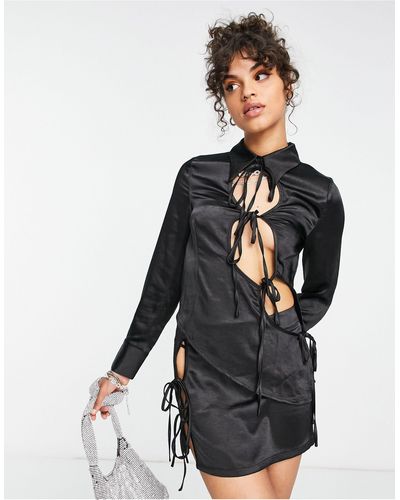 Collusion Satin Cut Out Tie Front Shirt Co-ord - Black