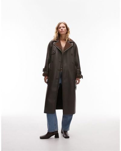 TOPSHOP Faux Leather Bonded Borg Trench Coat - Brown
