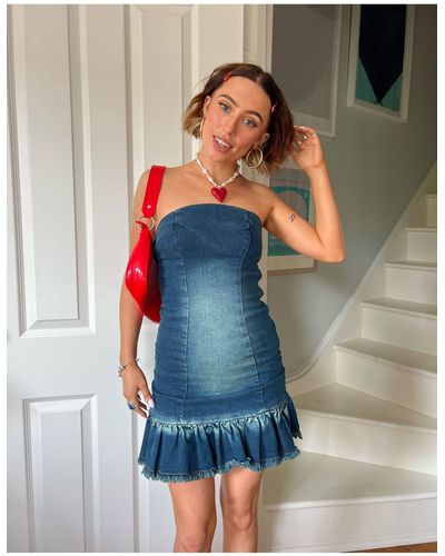 Daisy Street X chloe davie - robe moulante courte style années 2000 sans bretelles en denim - Bleu