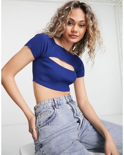 Pull&Bear Crop Top With Cut Out Detail - Blue