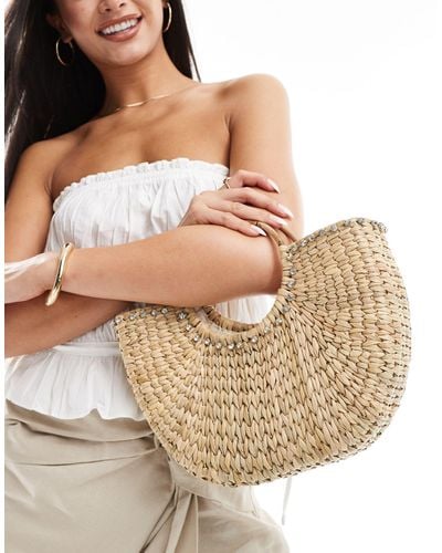 Glamorous Embellished Rattan Beach Mini Grab Bag - Natural