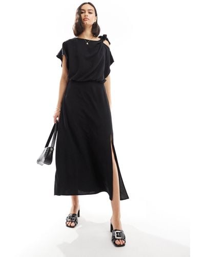 ASOS Tie Shoulder Blouson Midi Dress - Black