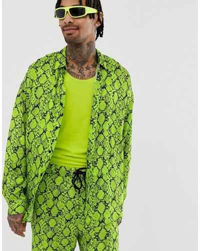 Jaded London Satin Shirt In Neon Green Snakeskin
