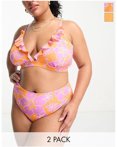 Simply Be Confezione da 2 top bikini arancione e rosa a fiori con volant