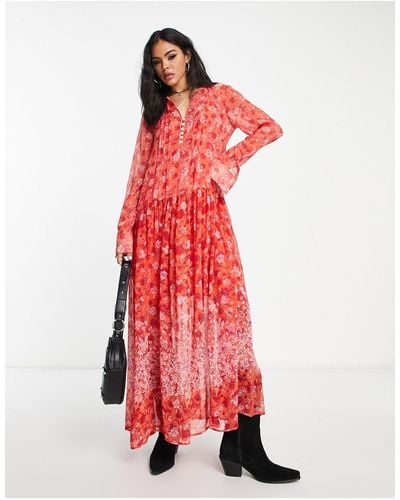 Free People Button Detail Floral Print Maxi Dress - Red