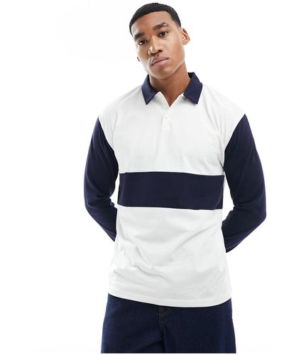 ASOS Polo oversize a maniche lunghe stile rugby bianca e blu con design cut & sew