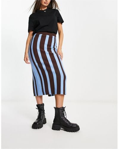 Urban Revivo Knitted Stripe Midi Skirt - Blue