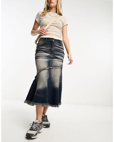 Collusion Fishtail Denim Midi Skirt With Seam Detail And Pink Wash - Blue