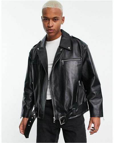 ASOS Blouson en cuir véritable style motard oversize - Noir