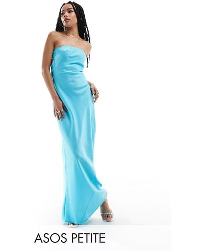 ASOS Asos Design Petite Satin Bandeau Bias Maxi Dress With Tie Back - Blue