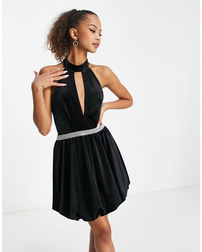 Miss Selfridge Velvet High Neck Diamante Trim Mini Dress - Black
