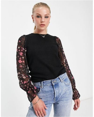 New Look 2 In 1 Knitted Sweater With Floral Sheer Sleeves In - Black