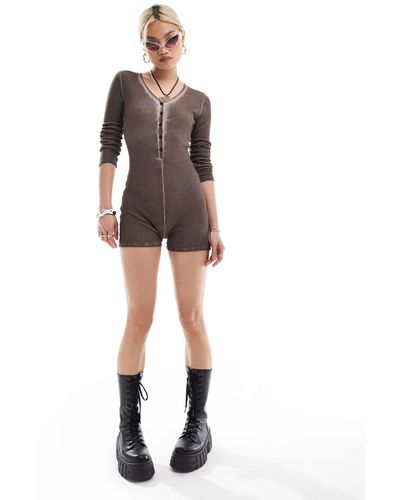 Collusion Washed Long Sleeve Romper - Brown