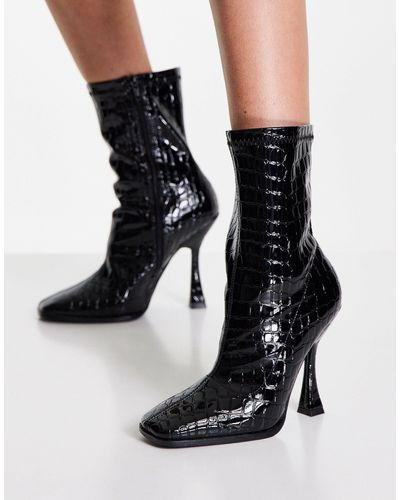 Glamorous Botas negras efecto cocodrilo estilo calcetín con tacón - Negro